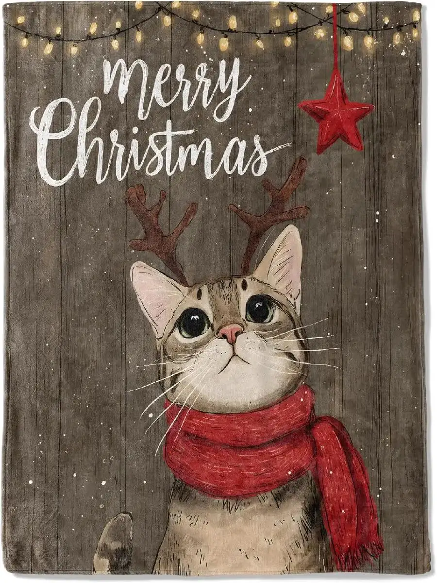 Christmas Decorative Throw Blanket with Cute Cat Antler and Red Scarf Print Soft Flannel Winter Blanket for Cozy Home Decoration