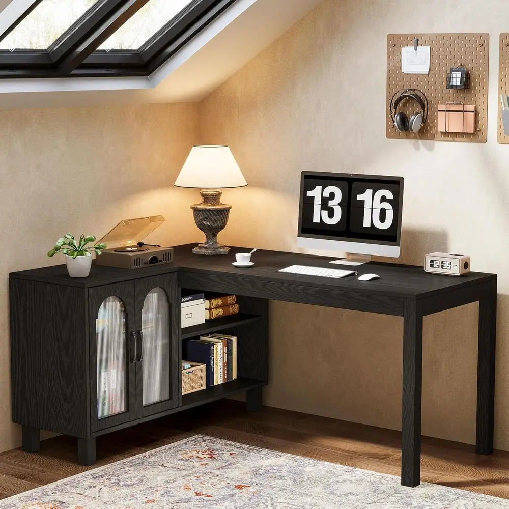 

59 L-Shaped Desk with Storage Cabinet, Executive Wooden Office Desk for Home or Study, Black