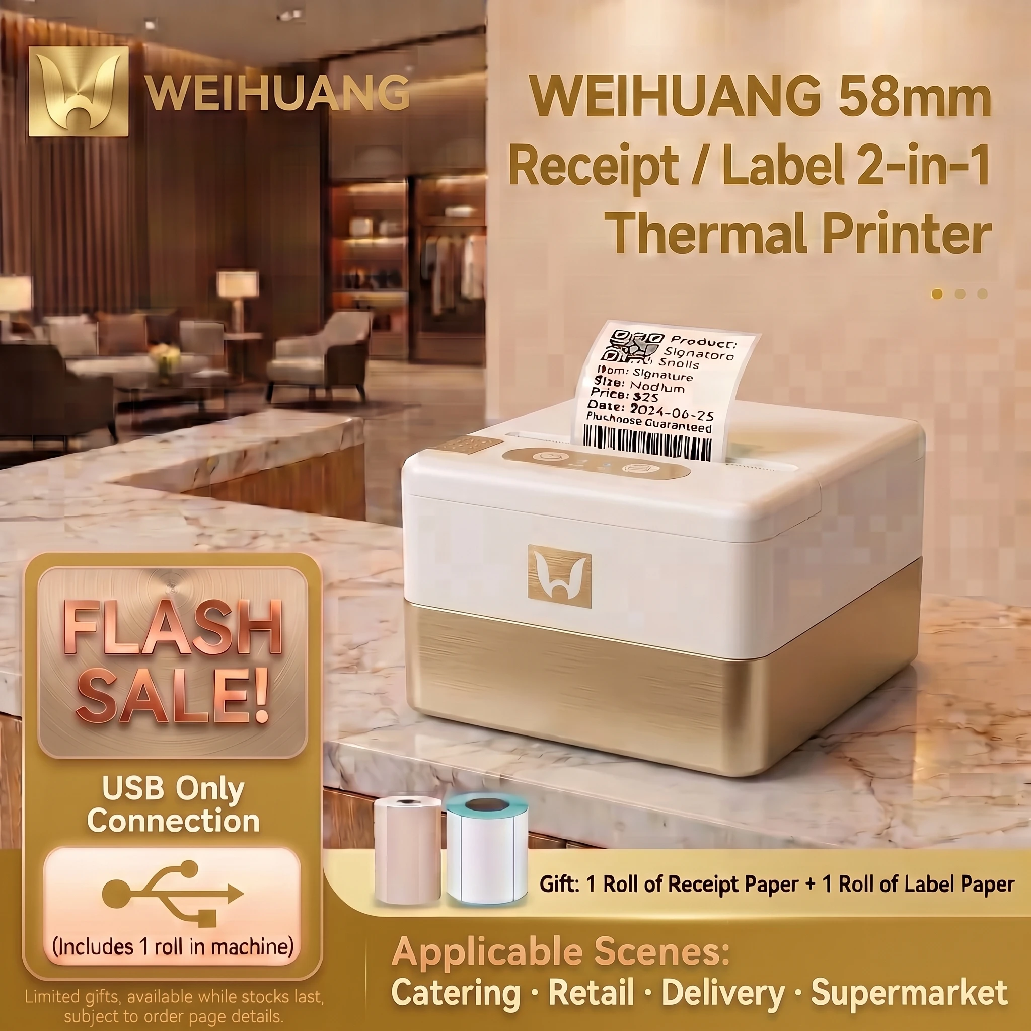 WEIHUANG P20 58mm 2 Inch Mini Thermal Label Receipt Printer USB Barcode Sticker Maker for Price Tag Small Business Retail POS