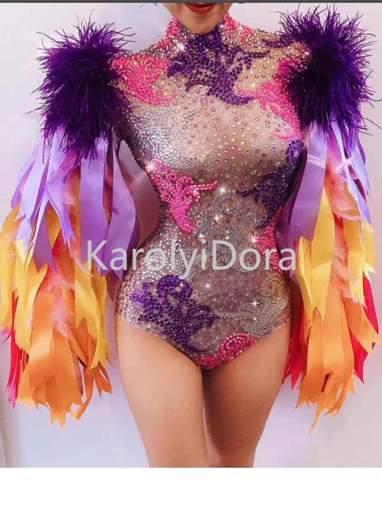 Colourful Feather Sleeve Rhinestone Bodysuit Women Nightclub Bar Party Outfit Performance Dance Costume Dropshipping