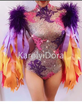 Body colorido com manga de penas e strass, roupa feminina para boate, bar, festa, performance, dança, dropshipping