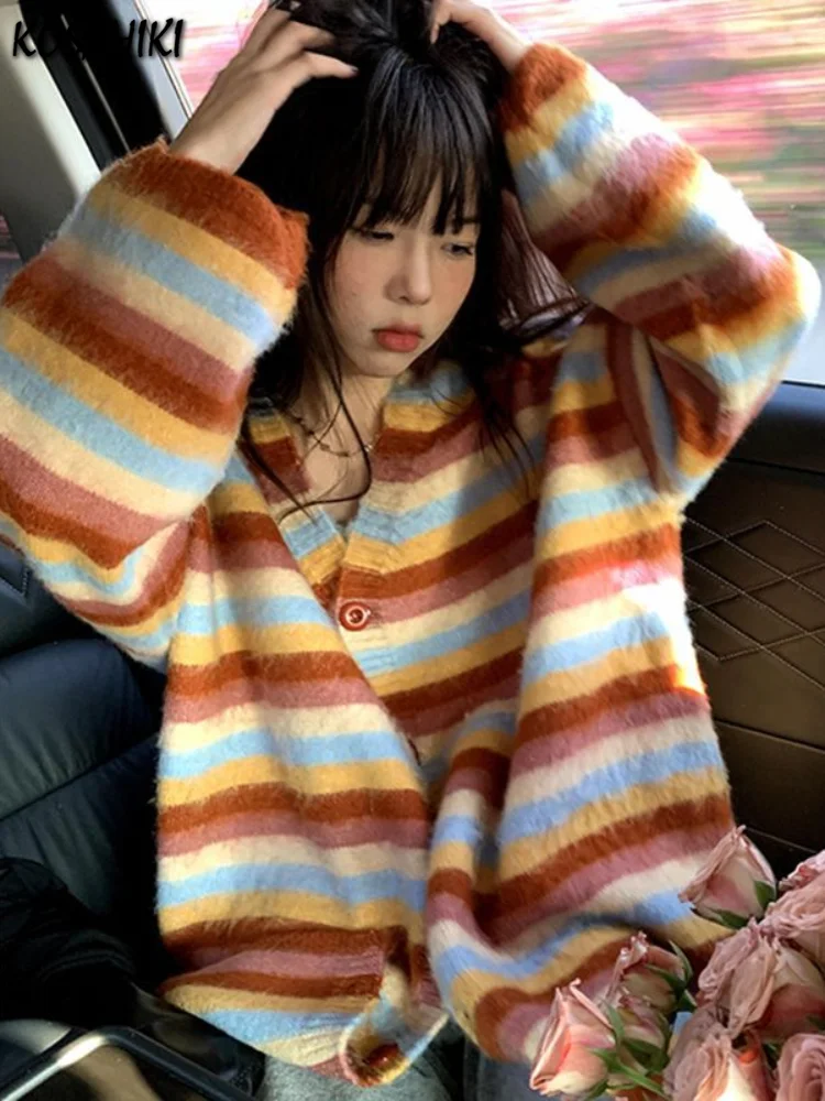 KOSAHIKI Vintage Striped Cardigan Korean Chic Y2k Aesthetic Sweater Coat 2024 Autumn New Harajuku Kardigany Jumper Pull  Femme