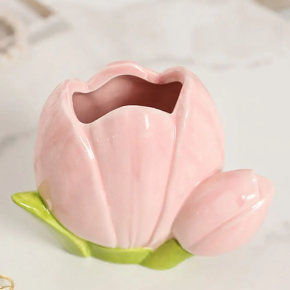 Cute Tulip Flower Pen Holder Ceramic Retro Makeup Brush Storage Bucket Large Capacity Multifunction Stationery Shelf Girl