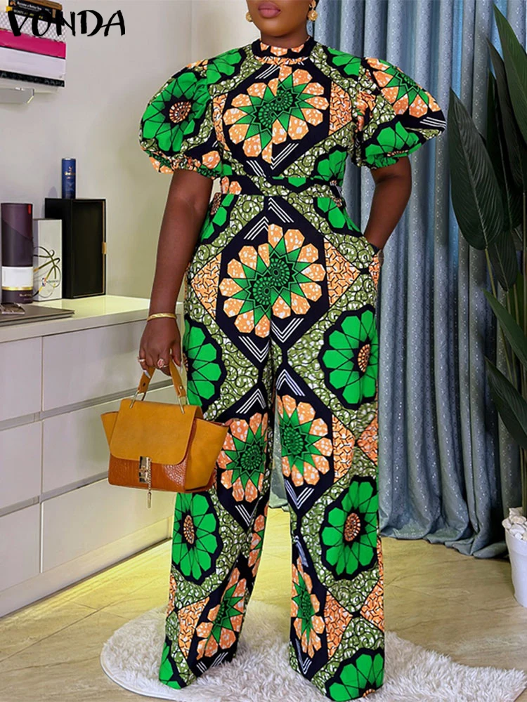 

Женские комбинезоны VONDA с короткими рукавами-фонариками, богемный комбинезон с принтом, 2025 год, комбинезон с воротником-стойкой и высокой талией, большие размеры