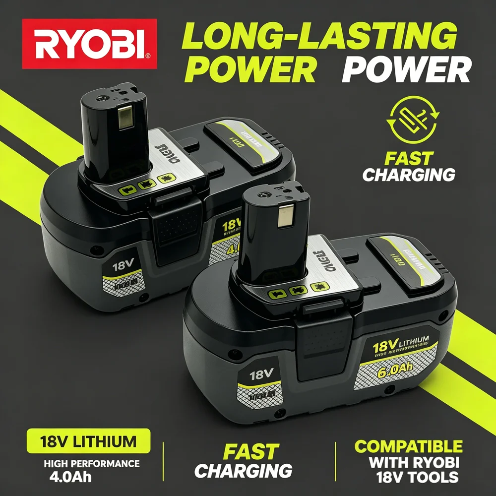 8.0Ah 18V Ryobi  Li-ion Battery+ Quick Charge Charger Set Multi Safety Protection Long Runtime Cordless Power Tool Accessories