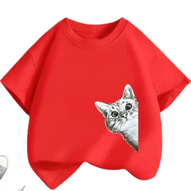 Cute Cat Pet Cartoon T-Shirt Girls White Round Neck Short Sleeves Shirts Casual Aesthetic Top Fashion Clothes