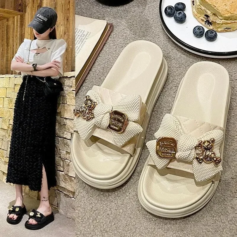 Summer Women Thick Bottom Slippers Butterfly Knot One-word Flat Bottom Cake Cool Slippers Outdoor Height Increasing Shoes