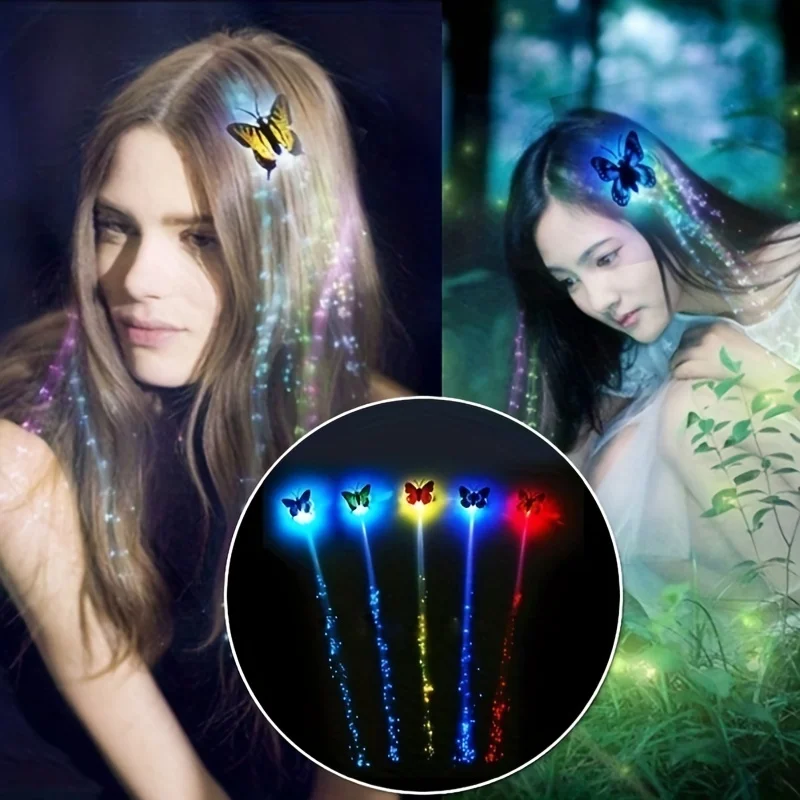 1pc/5pcs, Colorful Butterfly Light Braids Wigs Glowing Flash LED Hair Braid Clip Decoration Ligth Up Christmas Hair Accessories