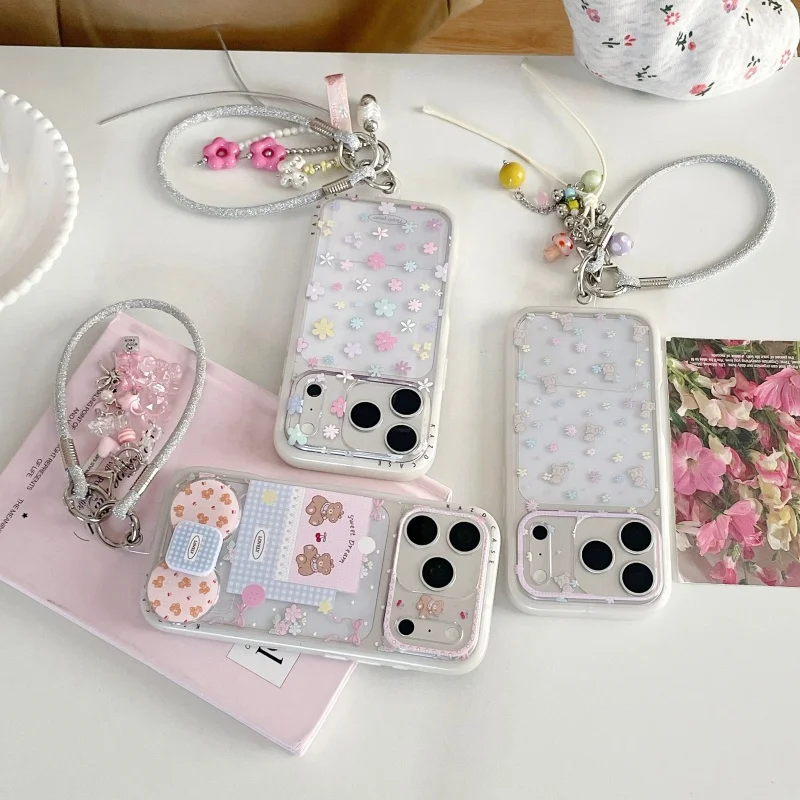 

Fashion Clear Cute Bear Flower Painting Phone Case For iPhone 17 Pro 16 15 Pro Max Cover with Stand Hand Chain Acrylic Hard Case