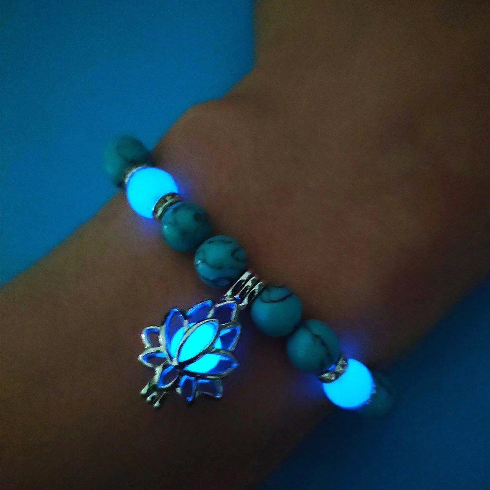 Luminous Glowing In The Dark Moon Lotus Flower Shaped Charm Bracelet For Women Yoga Prayer Buddhism Jewelry with Natural Stones