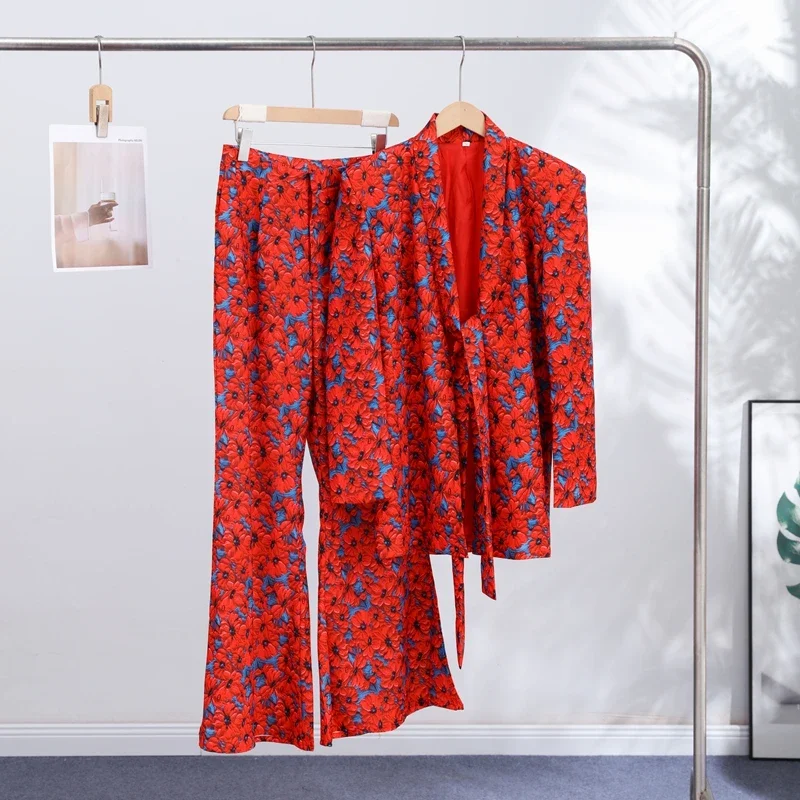 Modisches Damen-Blazer-Set mit Print, 2026, Langarm, Gürtel, V-Ausschnitt, Tailliert, Schlanke Damenjacke, Weite Hose, 2-teiliges Set – Detail 5