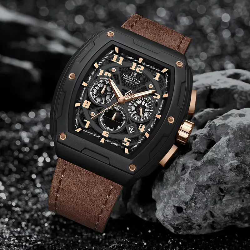 NAVIFORCE Mens Luxury Quartz Chronograph Wristwatch Leather Band 3ATM Waterproof Time Date Luminous Daily Business Male Watch