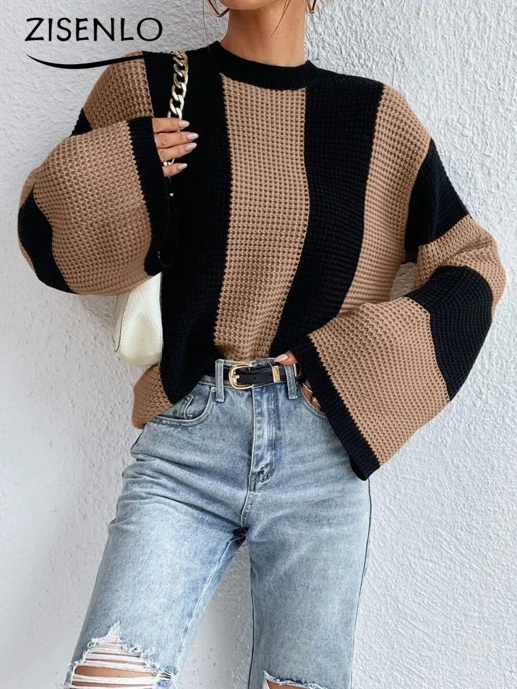 

Streetwear Women's Sweater Autumn Winter New Knitted Sweater Tops Round Neck Striped Long Sleeved Pullover Top Women Jumper