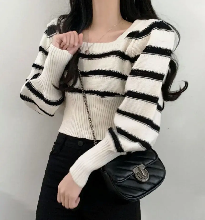 Cropped Sweaters Women Slim Chic Square Collar Basic Lady Knitwear Korean Fashion Autumn Cozy Long Sleeve Clothing