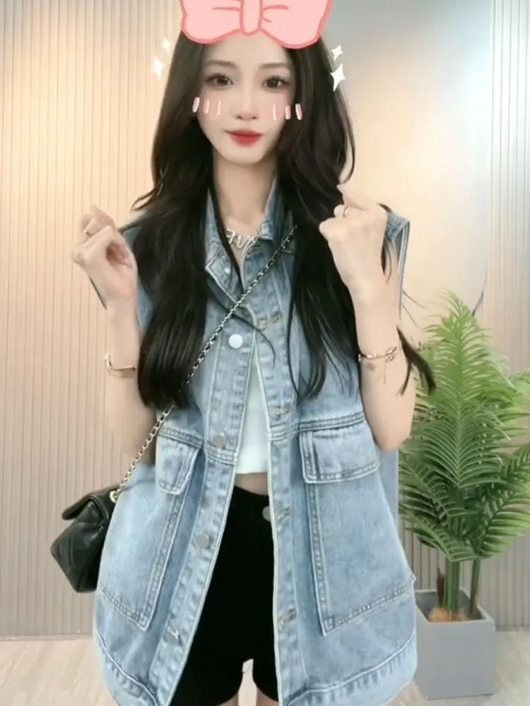 Gilet di jeans stile coreano 2025, giacca senza maniche oversize da donna, capispalla casual primavera estate