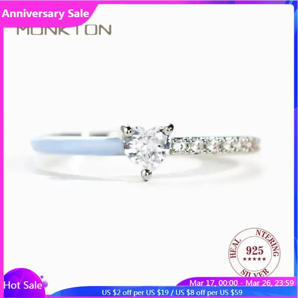 

Monkton 925 Sterling Silver Heart Shaped Engagement Ring Fine Zircon Cut Half Enamel Ring for Women Classic Wedding Jewels