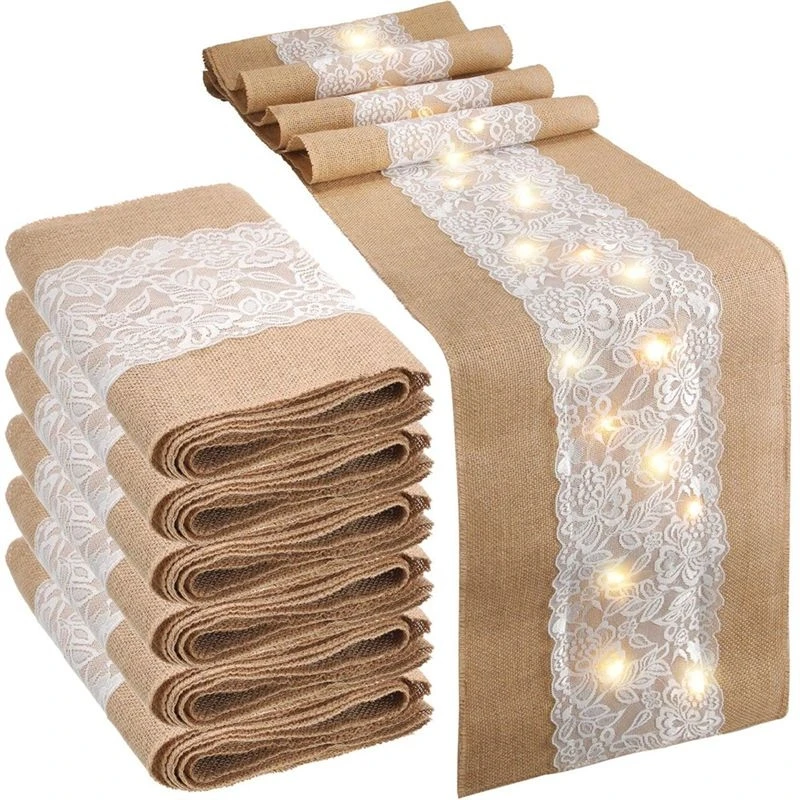 @@AB07 Hot Use Burlap Table Runner 6 Pack With LED Lights Lace Rustic Natural Boho Style 12X108 Inches For Farmhouse Wedding