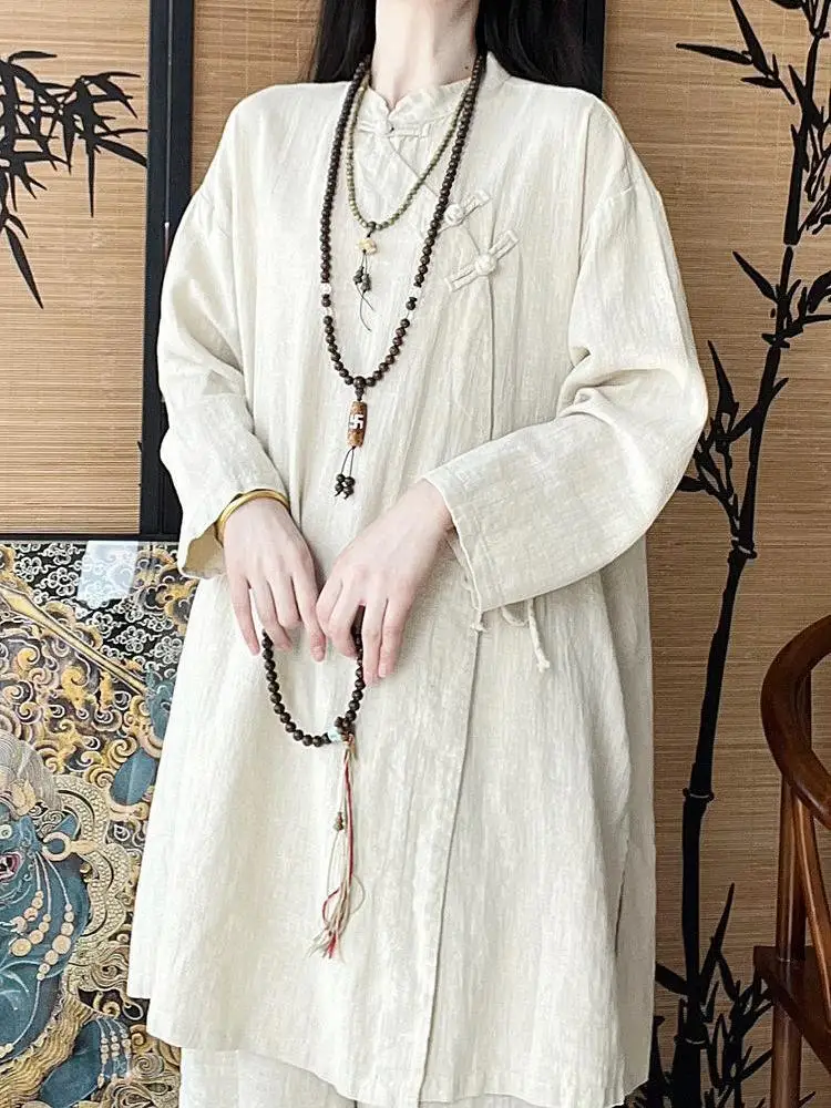 جديد الصينية Sle Zen رداء مجموعة المرأة القطن الكتان عادية Faion منتصف طول الجانب زرر البوذية ملابس الشخص