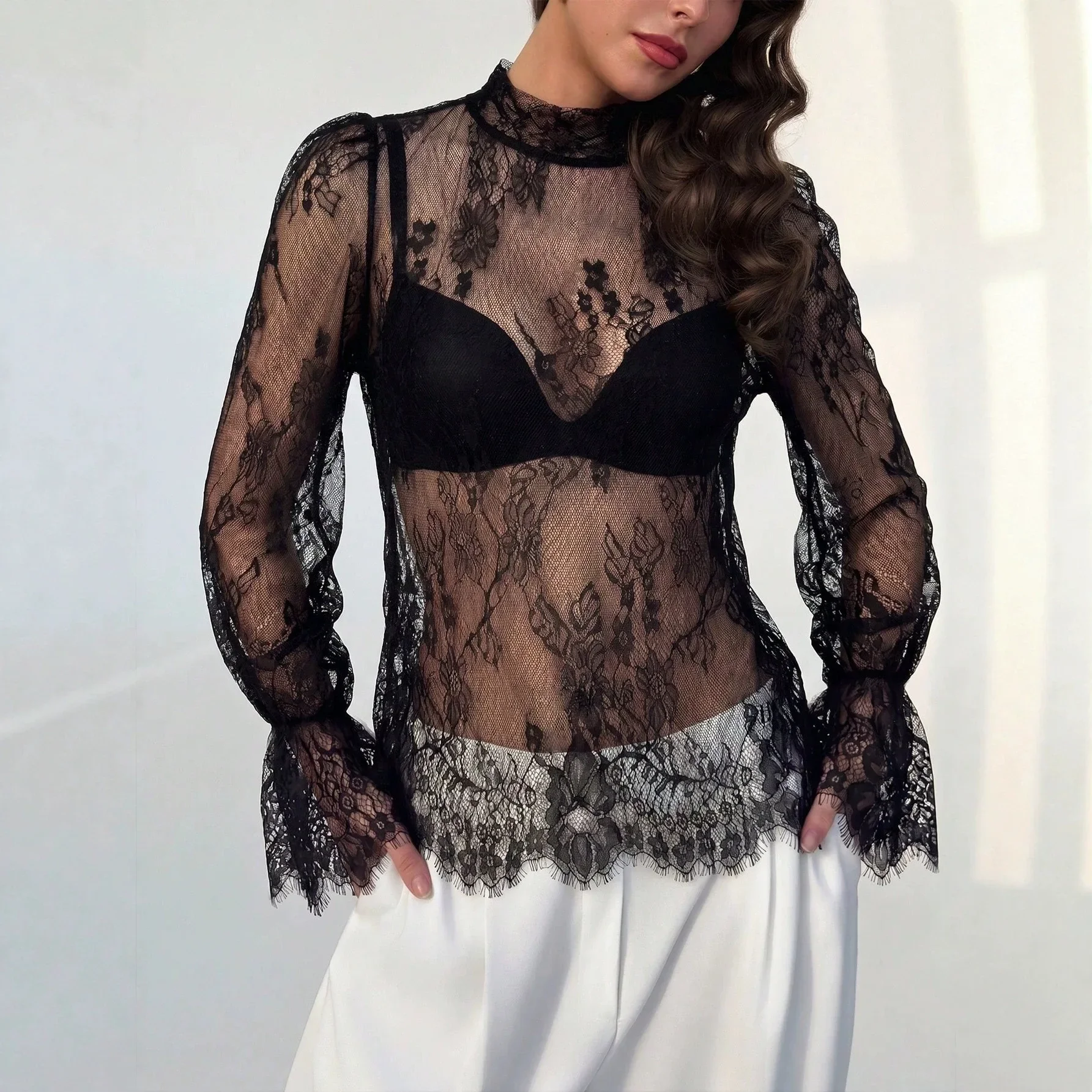 Women Lace Top High Neck Sheer Floral Lace Blouse Flare Long Sleeve See Through Shirt Elegant Ladies Transparent Cover Up Tops