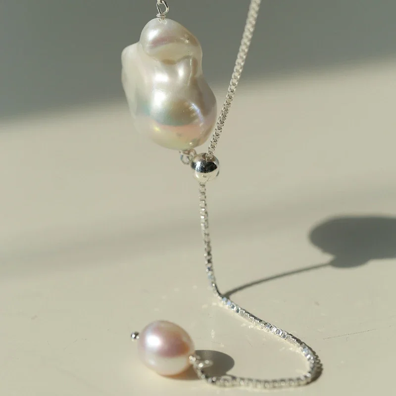 

Fashion Top Quality 925 Silver Natural Baroque Pearl Long Necklace Sweater Chain Women Europe America Jewelry Trend