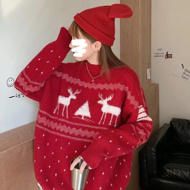 Christmas Red Cute Elk Print Sweater for Women Loose Autumn and Winter Korean Style Pullover Versatile