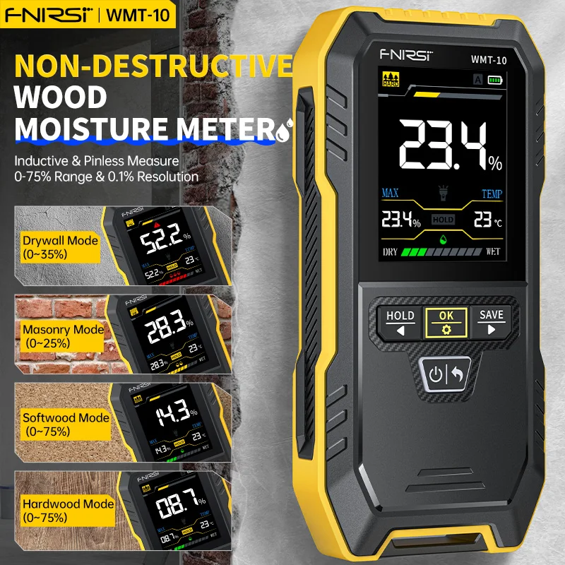 FNIRSI WMT-10 Inductive Wood Moisture Meter Hygrometer Non-contact Timber Damp Wall Detector Non-destructive Humidity Tester