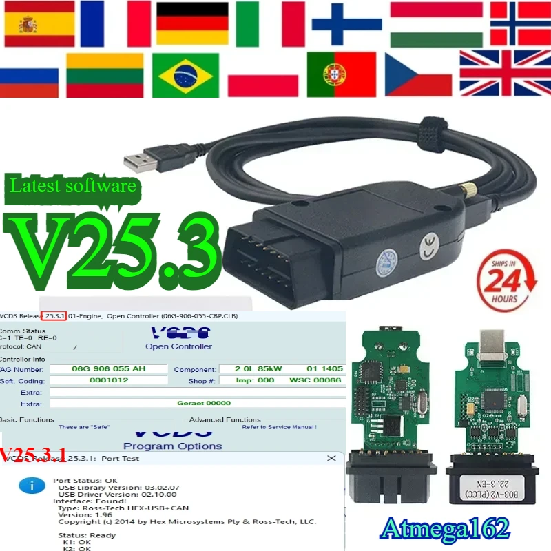

2025 НОВЫЙ многоязычный сканер интерфейса V25.3 VCDSVAGCOM HEX Atmega162 V2 OBD для VW-AUDI-Skoda, диагностический инструмент для сидений