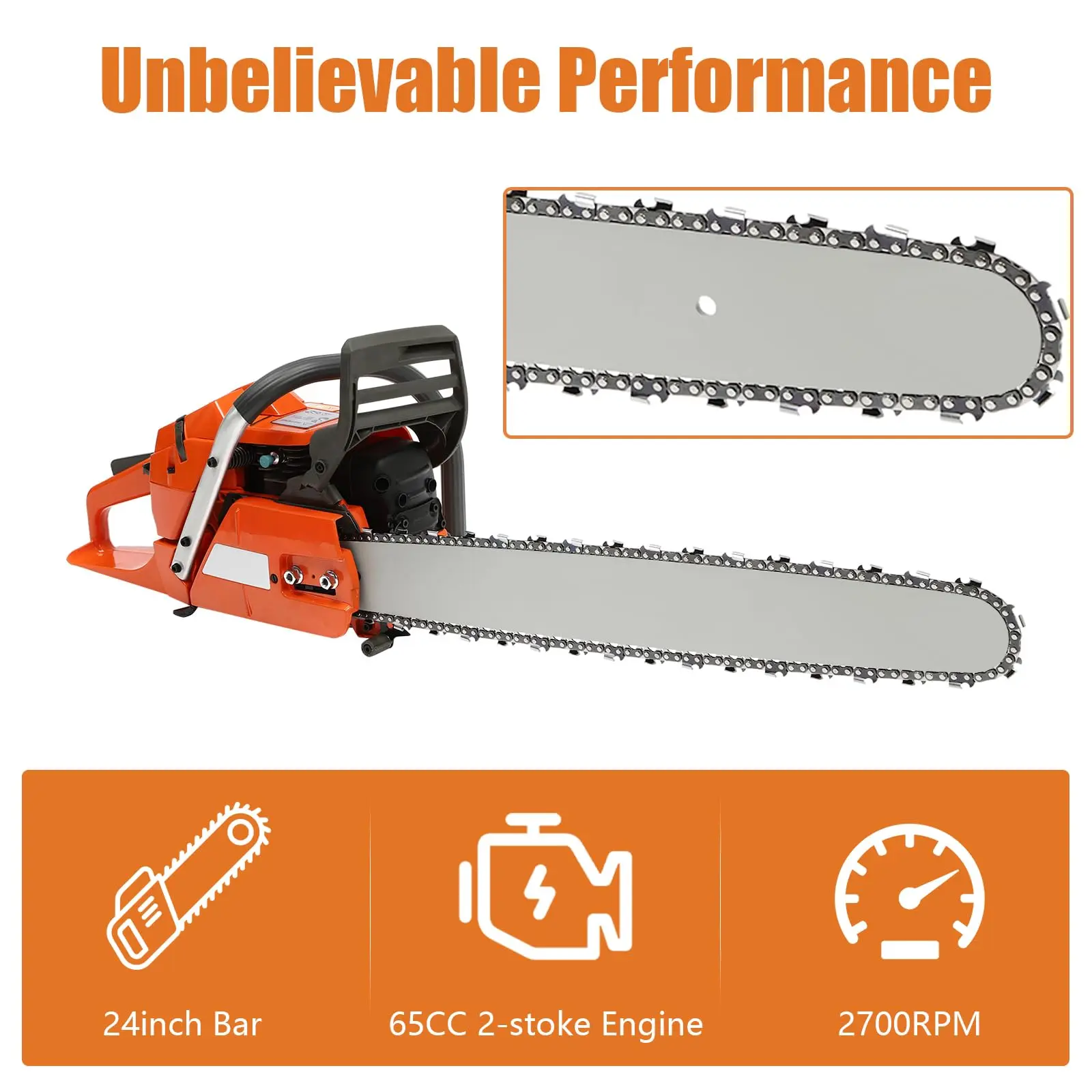 24インチガソリン式チェーンソー、65cc 2700Rpm 2ストロークガソリンエンジン、ゴーグルとグローブ付きハンドヘルドガソリンチェーンソー、プルスタート