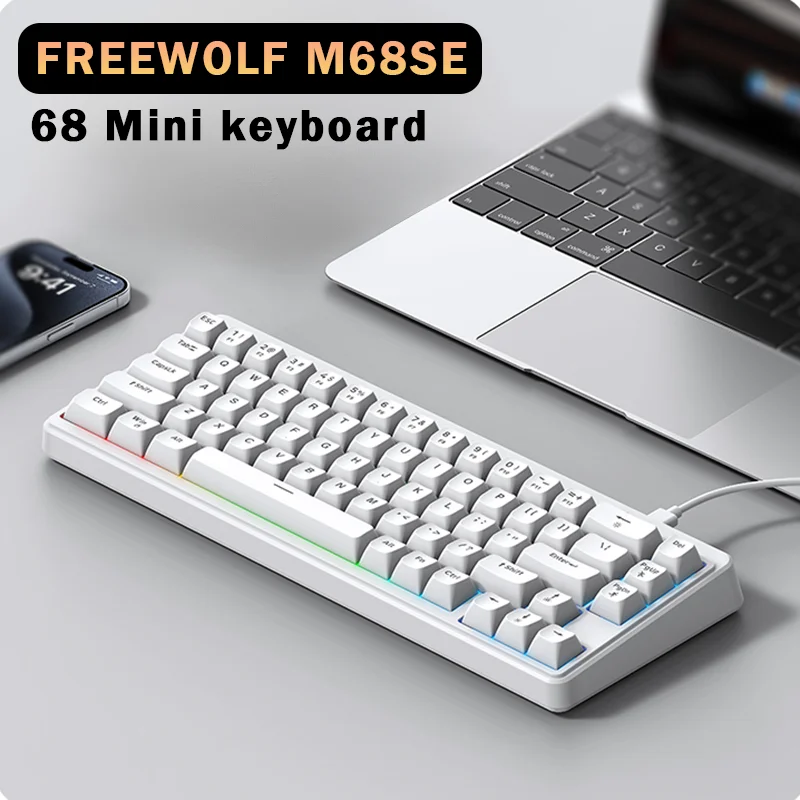 FREEWOLF M68SE 68% мини-проводная игровая клавиатура с RGB-подсветкой, бесшумные клавиши Type-C, съемный кабель, компактный для ПК, ноутбука