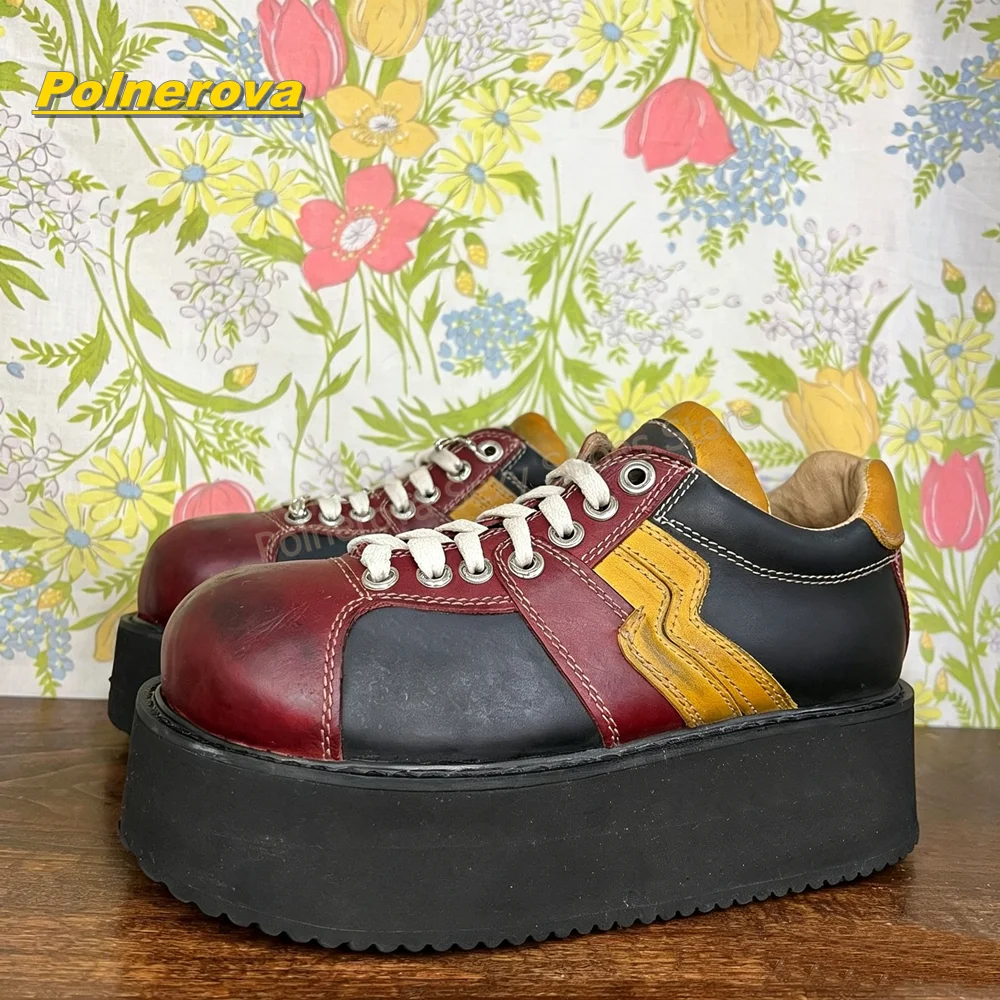 

Vintage Color Block Patchwork Platform Sneakers Multi Tone Lace Up Round Toe Thick Sole Y2K Retro Indie Punk Pumps 2026 Trend
