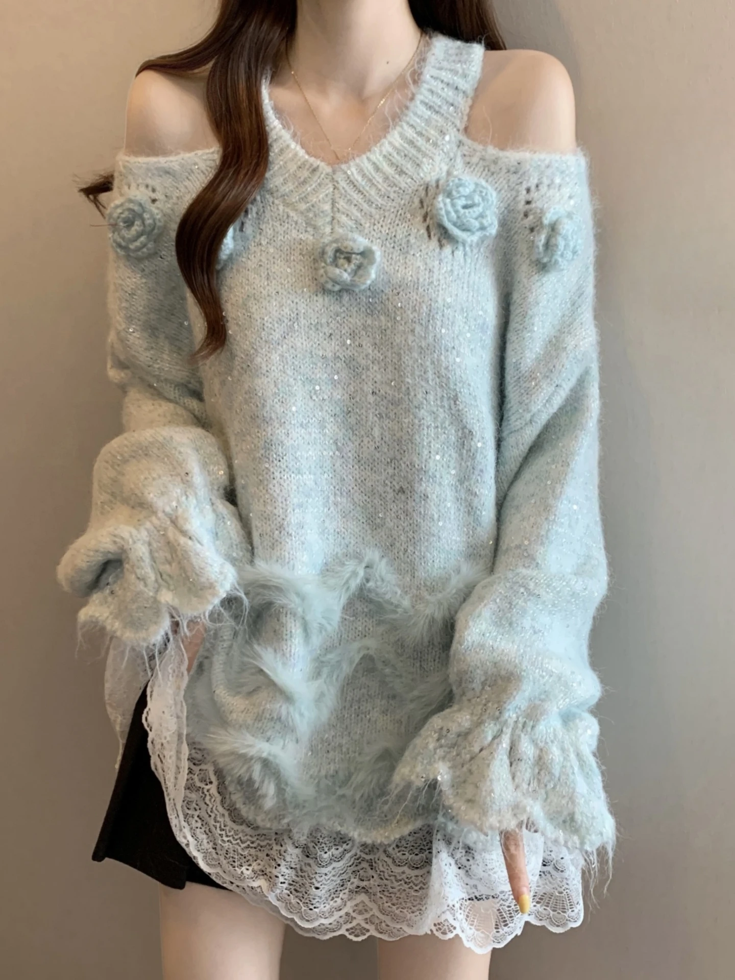 

Ladies Knitted Sweater with 3D Flower Design Lace Splicing oulder Bared Spring Autumn plus Size Comfortable Soft Korean Sle