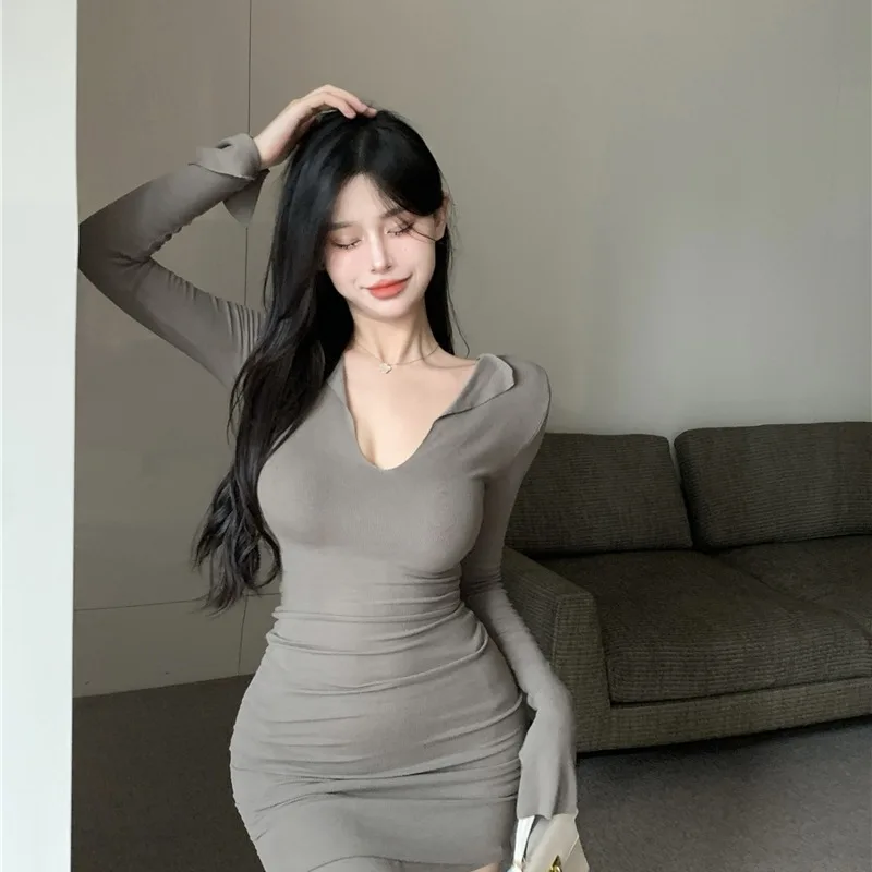 Ele Vita alta lavorata a maglia Dr V-Ne Long Sve Donna Slim Fit Bodycon Dr Autunno Inverno Nuovo Sle Pure Desire