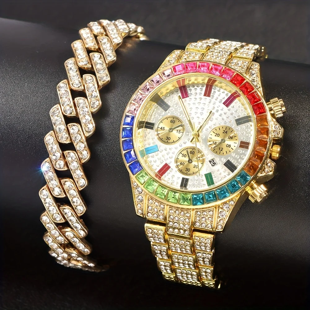 Fashion Hiphop Men's Watch Luxury Colorful Crystal Inlaid Strap Quartz Wristwatch Men Cuban Hand Chain Set