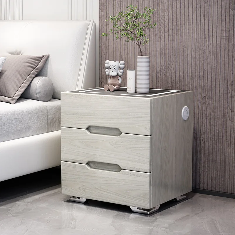 with Wireless Fast Charge and Induction Lamp Solid Wood Nightstand Cabinet Light Luxury Style Smart Bedside Table