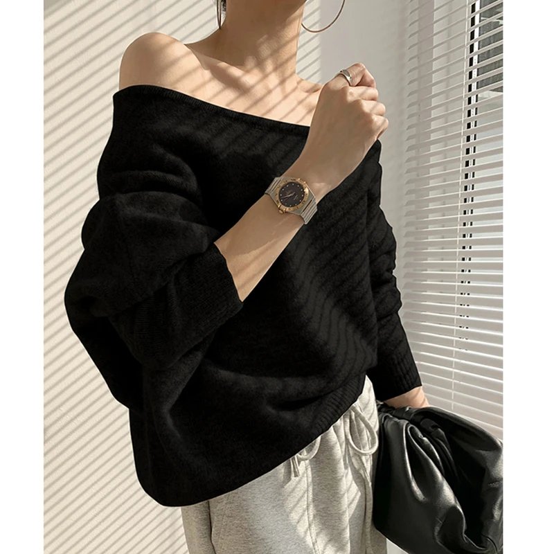 เก๋ไก๋ฤดูใบไม้ร่วงฤดูหนาวหลวมสบายๆสียาวเสื้อถักผู้หญิงไหล่เดียวออกแบบสบายเดินทาง Sle