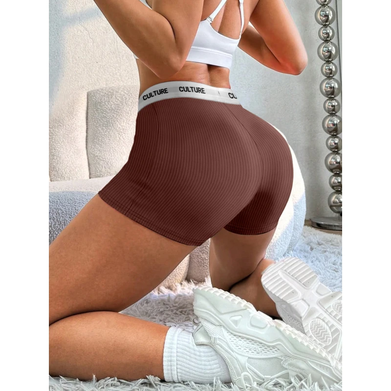 Women's Shorts Summer Sports Style Knitted Solid Shorts Patchwork Letters Webbing Casual Female Fitness Pants