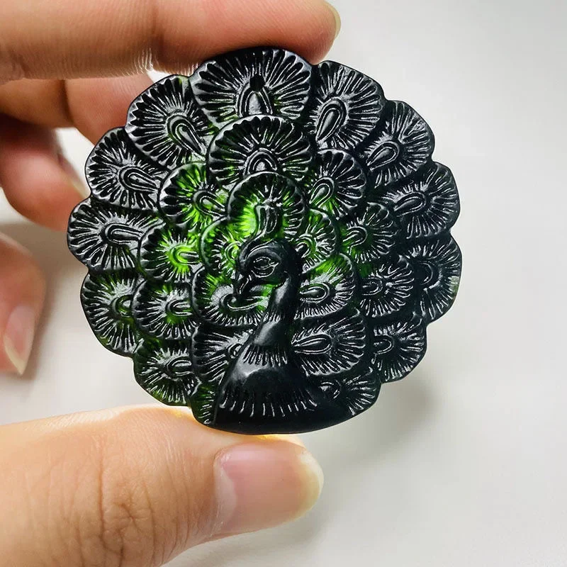 Chinese Natural Black Green Jade Dragon Peacock Pendant Necklace Obsidian Charm Jewellery Accessories Carved Amulet Gifts