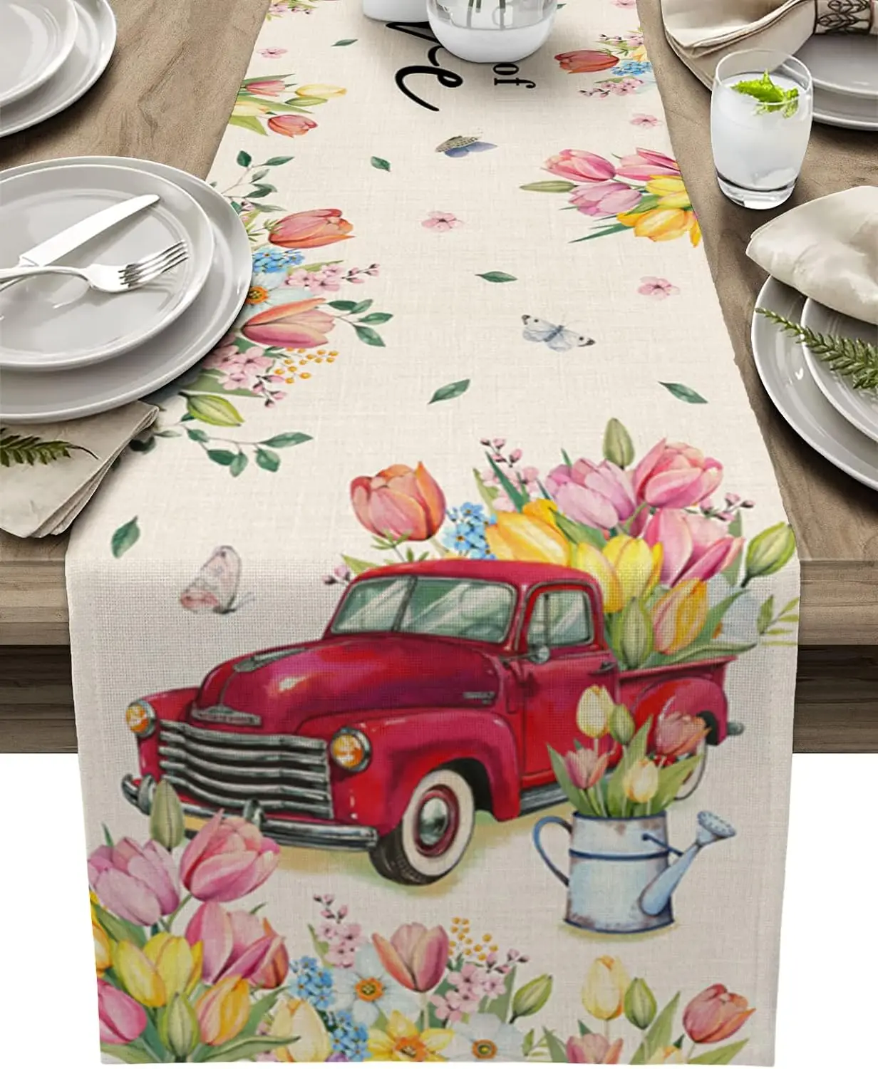 

Spring Floral Red Truck Tulip Flower Linen Table Runner Watercolor Blossoms Table Scarf Holiday Party Kitchen Dinner Table Decor