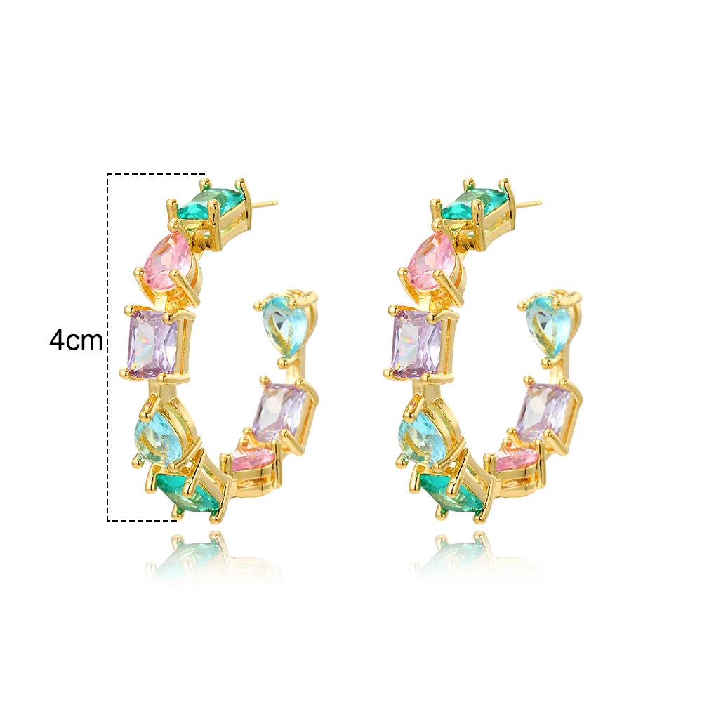 Top Quality Multi Color Stone Ear Jewelry Romantic 18K Gold Plated Colorful CZ Boho Gorgeous Women Ladies Rainbow Hoop Earrings