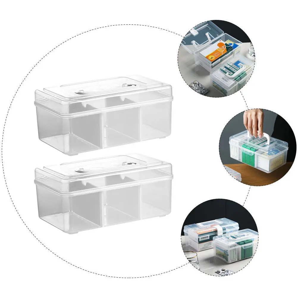 

2Pcs Medicine Storage Case Large Capacity Transparent Plastic Box Ergonomic Handle First Aid Organizer for Home Travel Outdoor