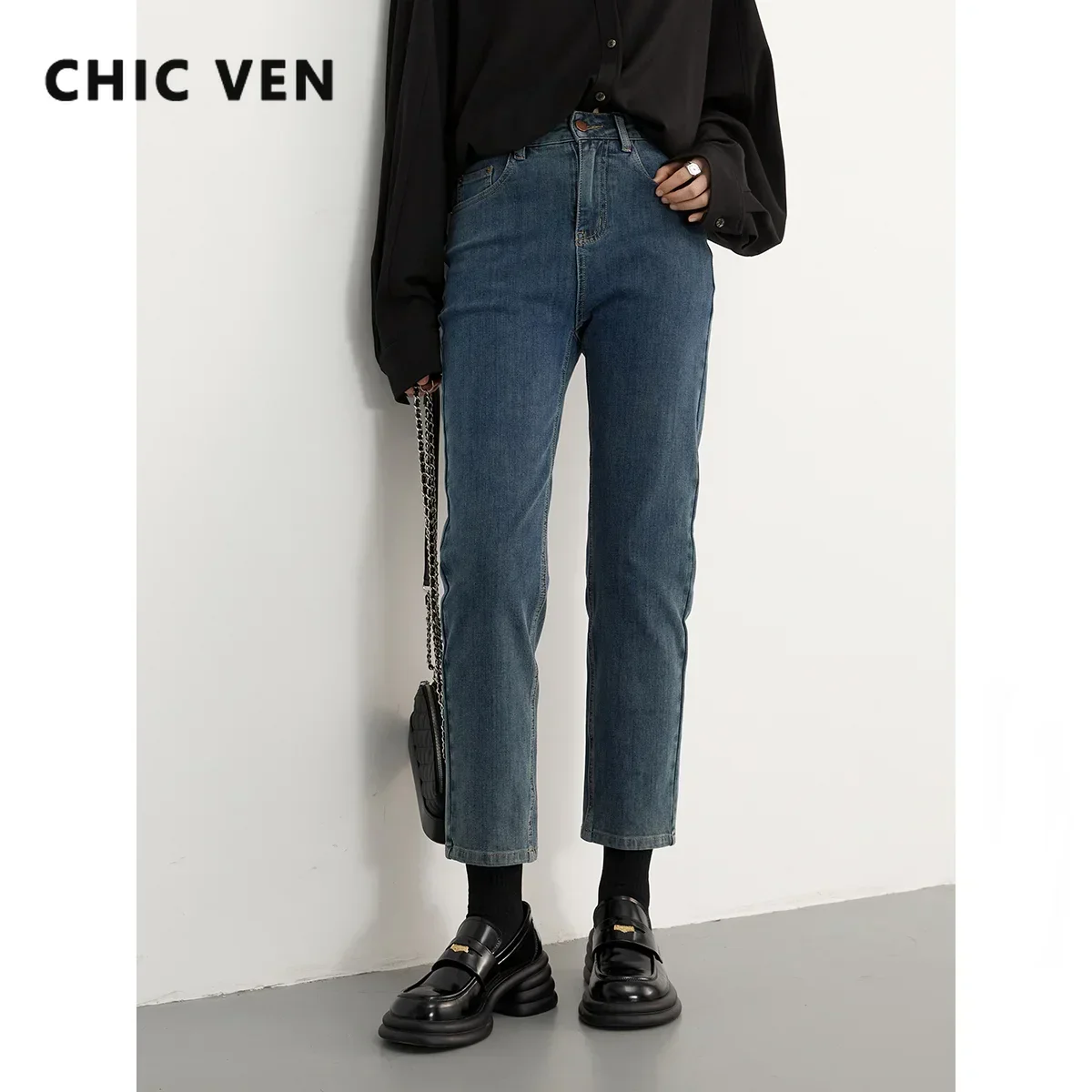 CHIC VEN Women Denim Pant New Korean Straight Leg Straight Cropped Jeans for Woman Female Trousers Autumn Spring 2023