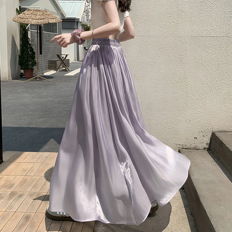 

Island Satin Original Large Hem Sparkling Elastic Waist Midi Spring A-line Long Skirt