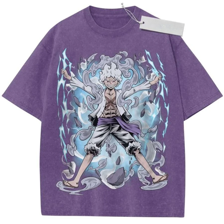 Unisex Gewaschenes Lila Vintage T-Shirt One Piece Luffy Sonnengott Hochwertige Stoffqualität für Zuhause Freizeit Reisen Einkaufen
