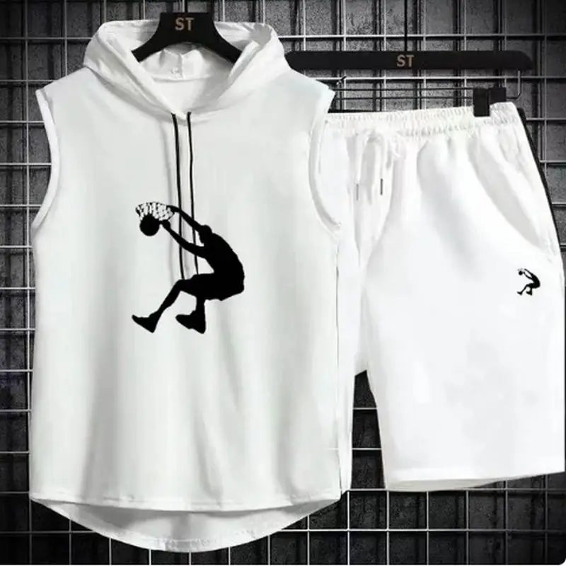 2024 Summer Mens Muscle Hoodie Vest Sleeveless Bodybuilding Gym Workout Fitness Shirt High Quality Vest Hip Hop Sweatshirt suit