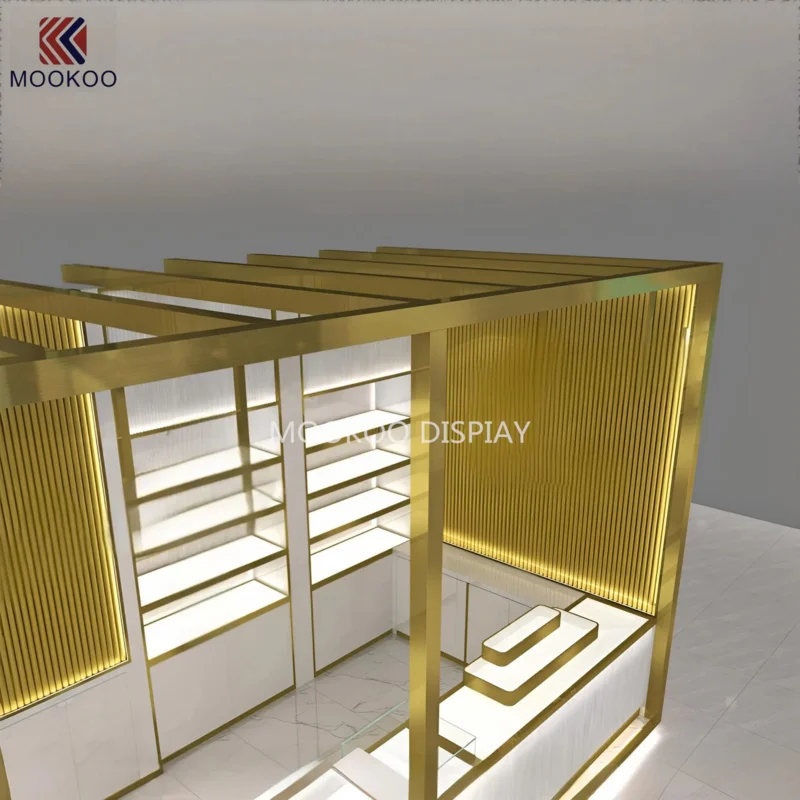 custom.MOOKOO LED Elegant Perfume Showcase Cabinet with Polished Stainless Steel Corner Shelf Fragrance Retail Display