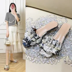 Rhinestone Women's Sandals Thick Heel Fashion Flat Bottoms Ladies Shoes Summer New Casual Square Head Outside Female Slippers