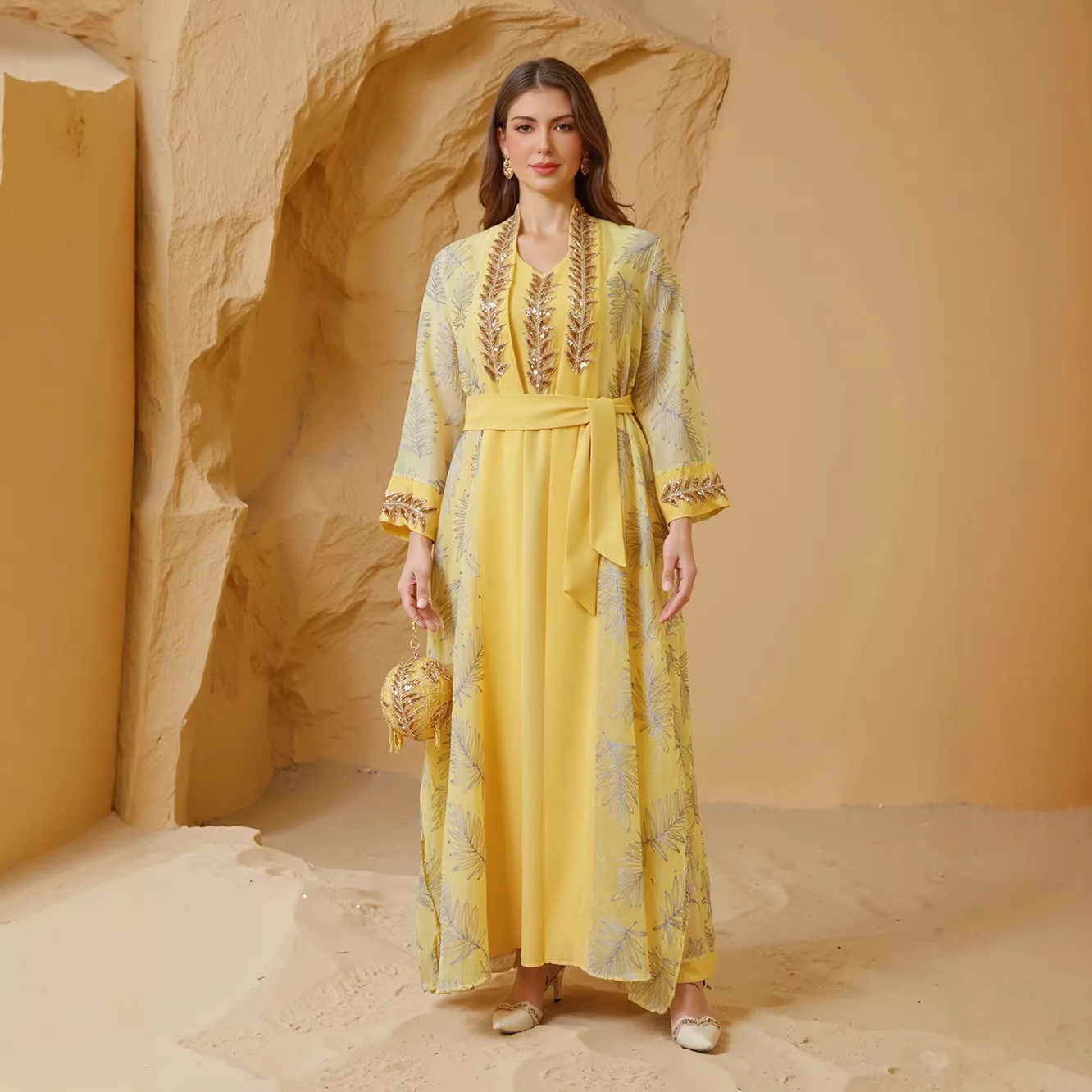 

Dress Suit Women Eid Abaya Party Dresses 2 Piece Set Jalabiya Sequins Embroidery Cardigan Robe Kaftan Muslim Dubai Vestidos
