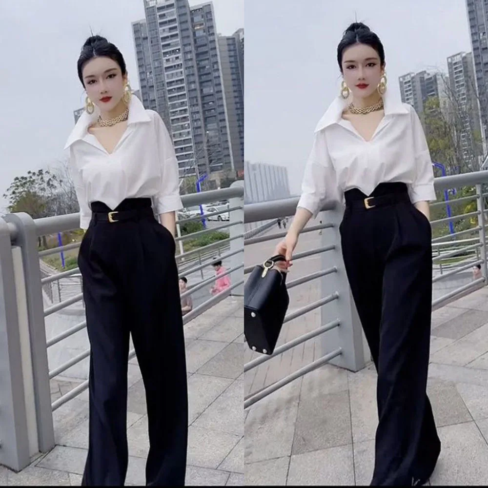 

2024New 2 piece set Women Fashion Batwing Sleeve White Lapel Blouses + Black Trousers Spring Autumn Office Shirts Tops Pant Suit