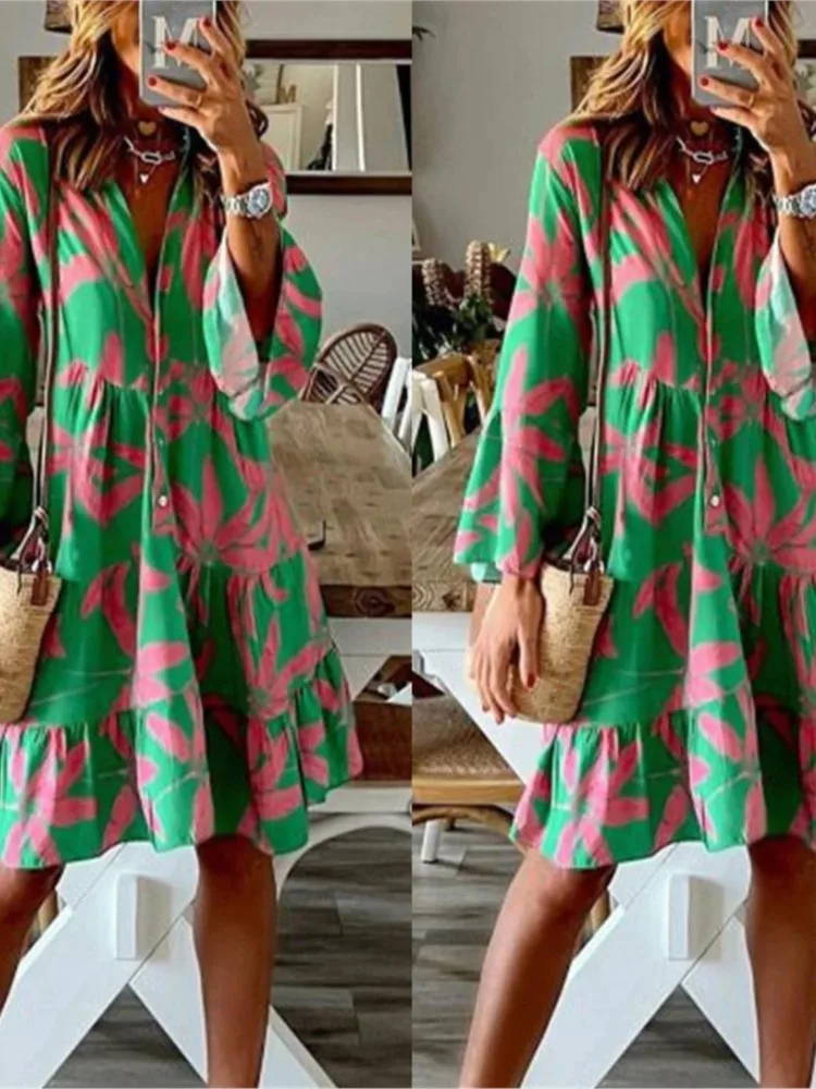 Nice Autumn Boho Vacation Shirt Dresses For Women Sexy V-neck Flare Sleeve Elegant Ruffles Print Dress Spring Casual Loose Dress