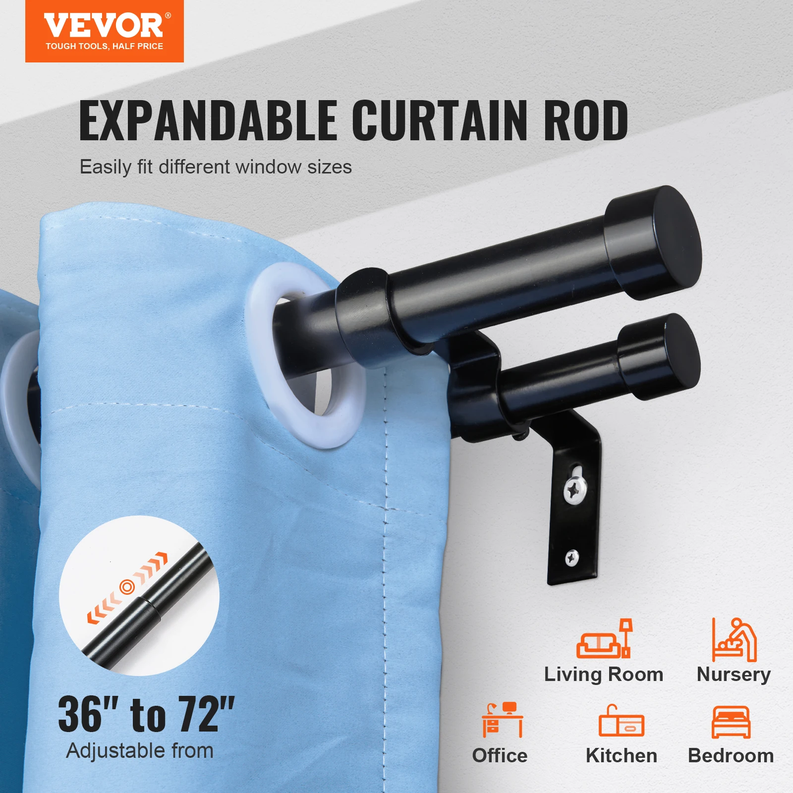 VEVOR 1 Inch Double Curtain Rods 36-72/74-144 Inches Drapery Rods for Windows 24-68/69-140 Inches Telescoping Dual Curtain Rod